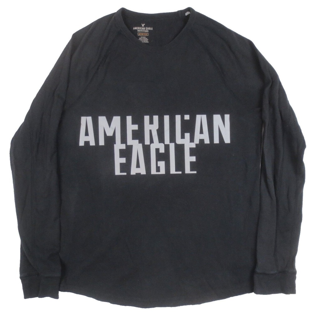 American Eagle T Shirt Mens M Black Long Sleeve Reflective Spellout Active Flex